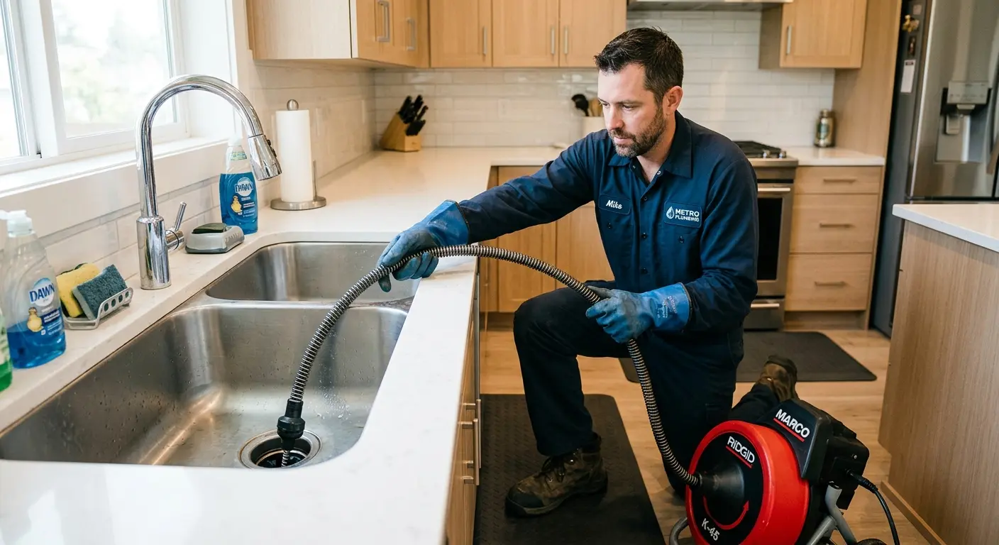 Drain cleaning technician using a motorized snake on a kitchen sink in South Weber