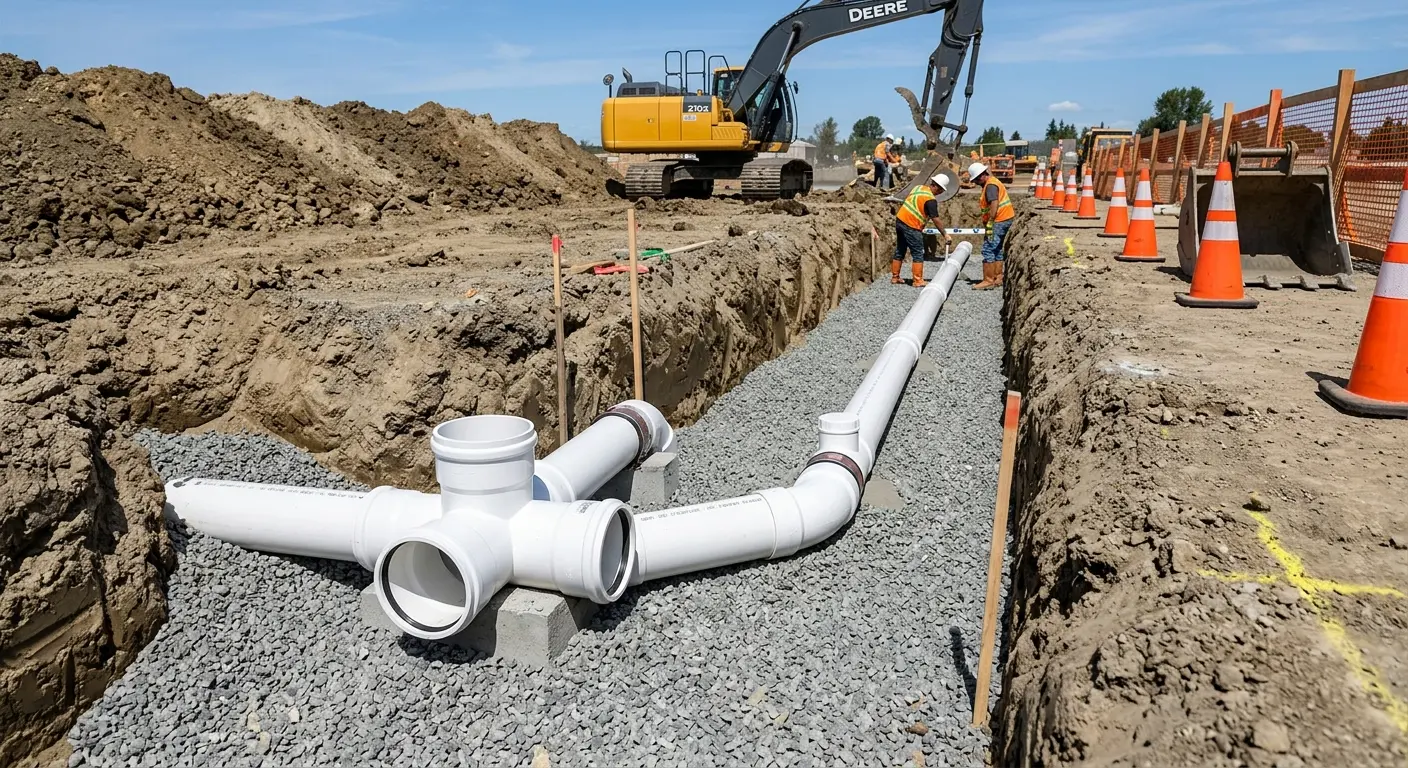 New PVC sewer pipe installation in open trench for Grease Trap Cleaning in South Weber