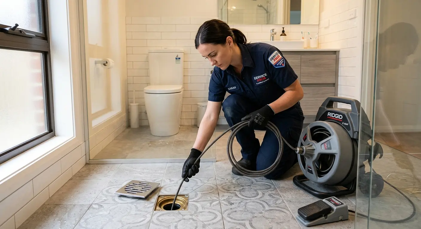Technician clearing a bathroom floor drain for Drain Cleaning in South Weber